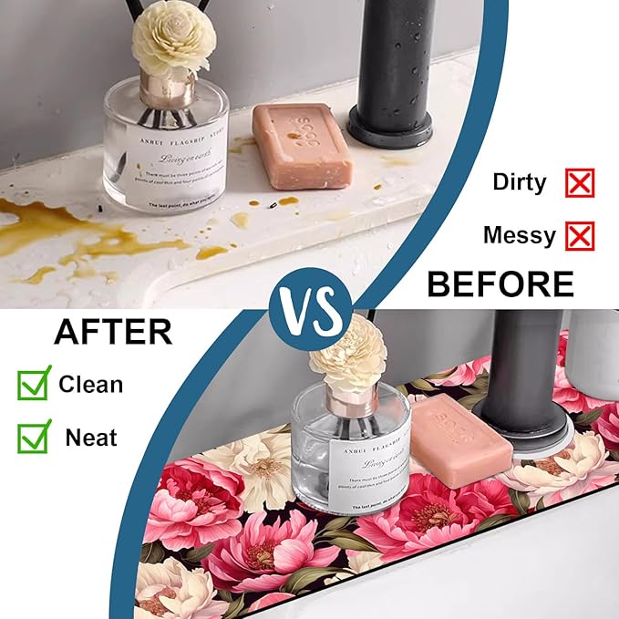 Garden Flowers Kitchen Sink Splash Guard Faucet Mat Watercolor Peonies Super