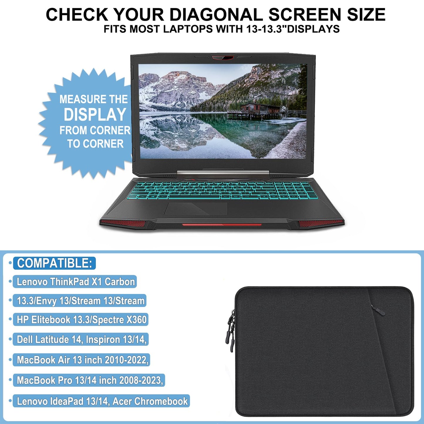 Laptop Sleeve Case 13.3 inch, Shockproof Protective Computer Cover with Accessories Pocket, Portable Laptop Bag Compatible with MacBook Air/Pro 13-13.3 inch, Compatible for MacBook Pro 14 inch, Black