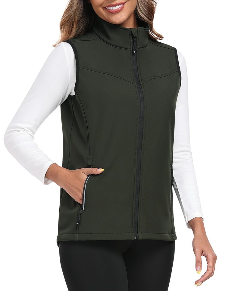 MoFiz Women's Lightweight Softshell Vest Windproof Fleece Lined Zip Up Sleeveless Insulated Jacket for Fall Winter Army Green M