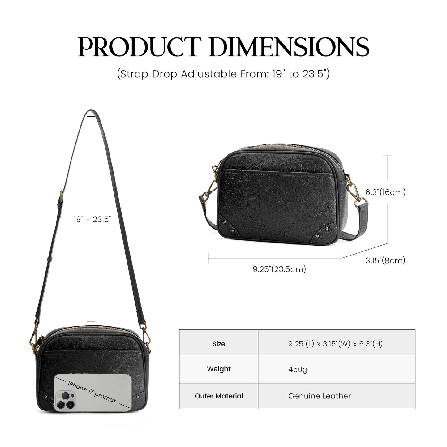 befen Black Crossbody Purses for Women Embossed Genuine Leather Small Handbag with RFID Blocking Anti-Theft Cross Body Bags for Daily Travel