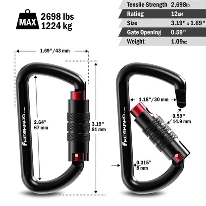 3 inch Locking Carabiner Clips-Twist Auto Lock Caribeener, Heavy Duty Keychain Key carabeaner Hooks, 7075 Aerial Aluminum Ultra Light, for Hammock, Hiking, Yoga Swing, Camping, Backpack, Black,3pack