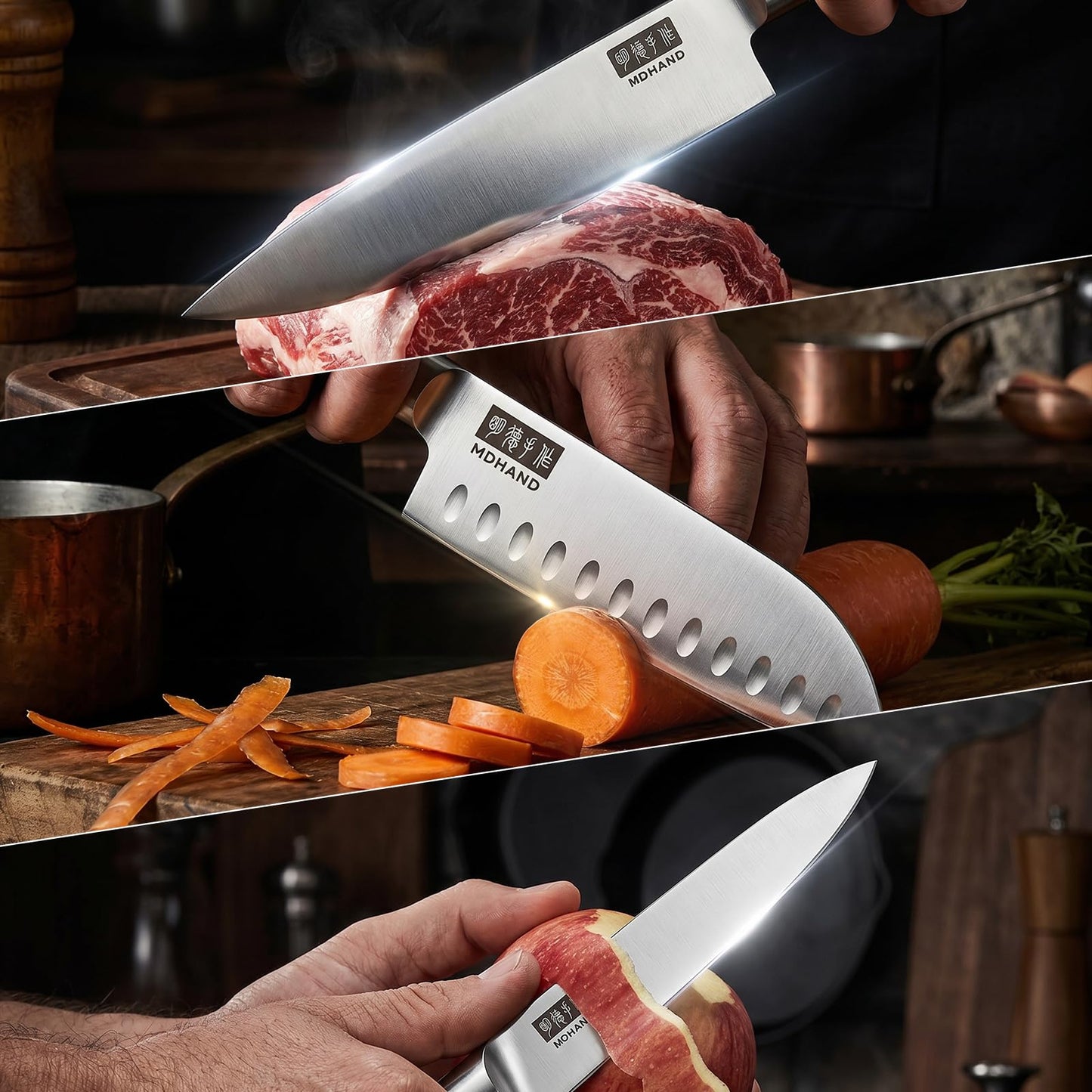 MDHAND Chef Knife Set with Roll Bag, 9PCS Professional Knife Sets with Sharpener, High Carbon Stainless Steel Japanese Kitchen Knives - Black Pakkawood Handle, Dishwasher Safe, For Cooking, Chef Gifts