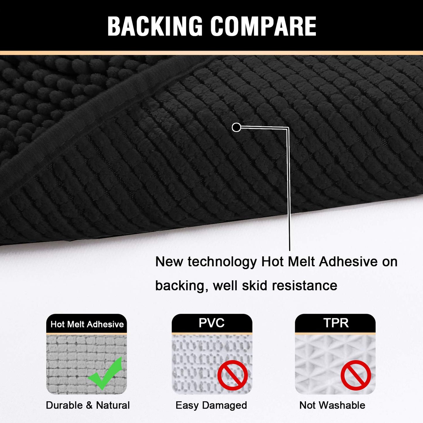 H.VERSAILTEX Black Bathroom Rug Set 2 Piece, Bath Mats for Bathroom Floor, Super Thick Soft Shaggy Chenille Bath Mats Machine Washable, Dry Fast Water Absorbent Bath Mats(20" x 32"/17" x 24")