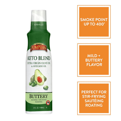 Pompeian Keto Extra Virgin Olive Oil & 100% Avocado Oil Cooking Spray, No Propellants, 5 Fl Oz, Pack of 6