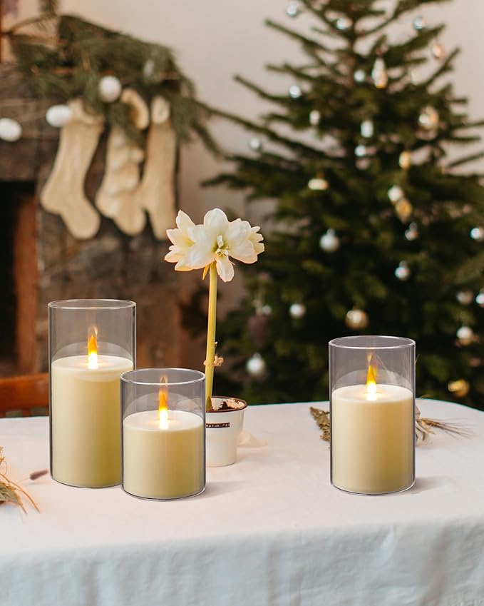 Upinmz Flickering Flameless Candles with Remote and Timer，Battery Operated Acrylic LED Pillar Candles ，for Christmas Decorations Home Decorations ，Set of 3