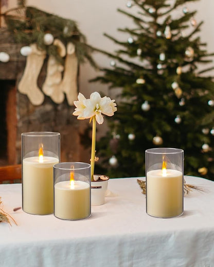 Upinmz Flickering Flameless Candles with Remote and Timer，Battery Operated Acrylic LED Pillar Candles ，for Christmas Decorations Home Decorations ，Set of 3