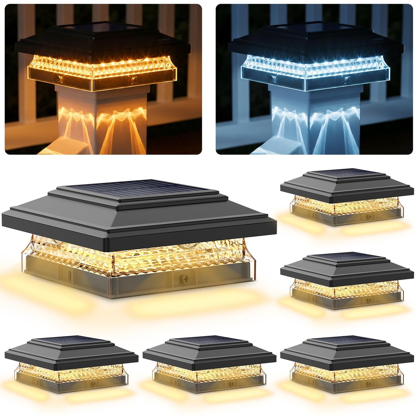 SIEDiNLAR Solar Post Cap Lights, 6 Pack 2 Modes 50 Lumens, 4x4 5x5 Wooden/Vinyl Posts Waterproof Outdoor Lighting for Deck Fence Patio, White/Warm (Black)