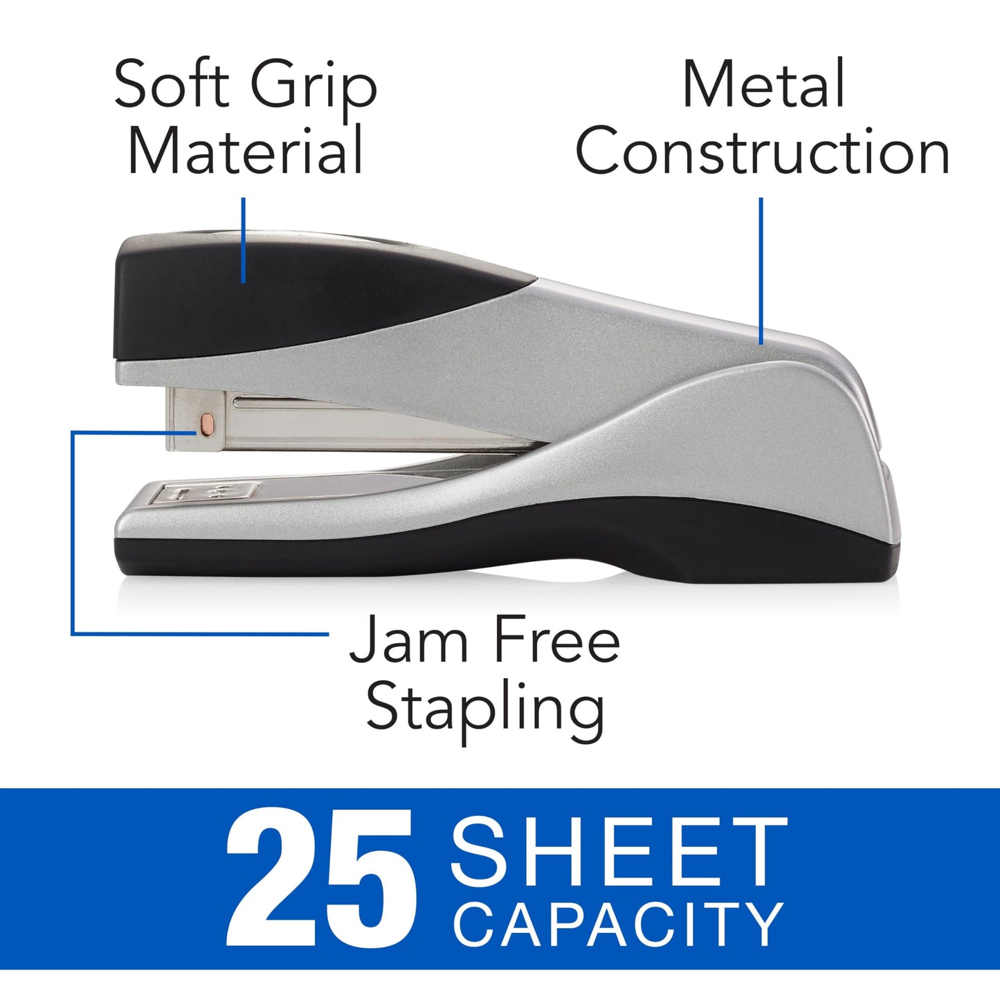 Swingline Stapler, Jam Free, Optima Grip Compact Size, Ergonomic Cushion, Metal, 25 Sheet Capacity, Silver (87816)