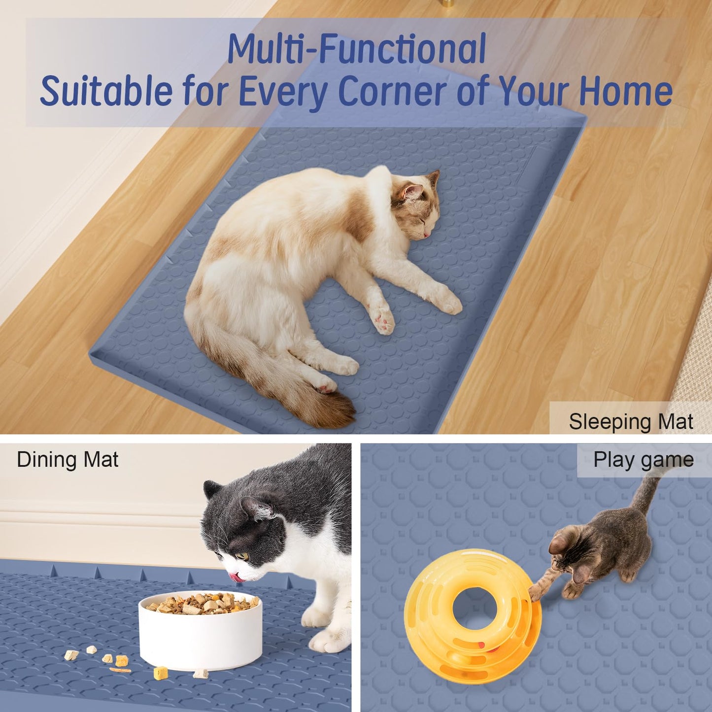 Silicone Large Cat Litter Mat 34" X 22", Cat Mat for Litter Box, Cats Litter Trapping Mat, Non-Slip and Waterproof, Raised Edges, Blue
