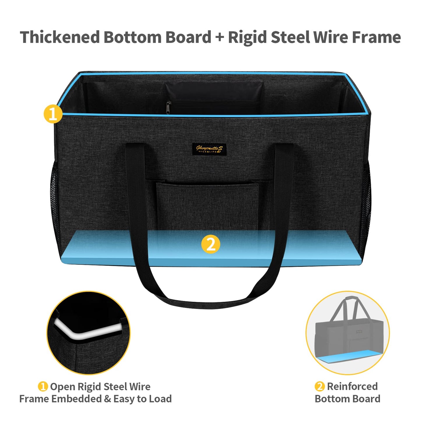 GhvyenntteS Extra Large Utility Tote Bag, Stand Up Utility Tote with Metal Wire Frame & Hard Bottom Board, Reusable Grocery Bags With Handles, Extra Large Beach Bag, Collapsible Car Tote