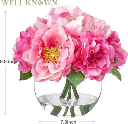 WELL KNOWN Artificial Flowers in Vase, Peonies Artificial Flowers for vase with Faux Water for Coffee Table Decor, Silk Fake Flower Arrangements Peonies Table Centerpieces (Peach Pink)