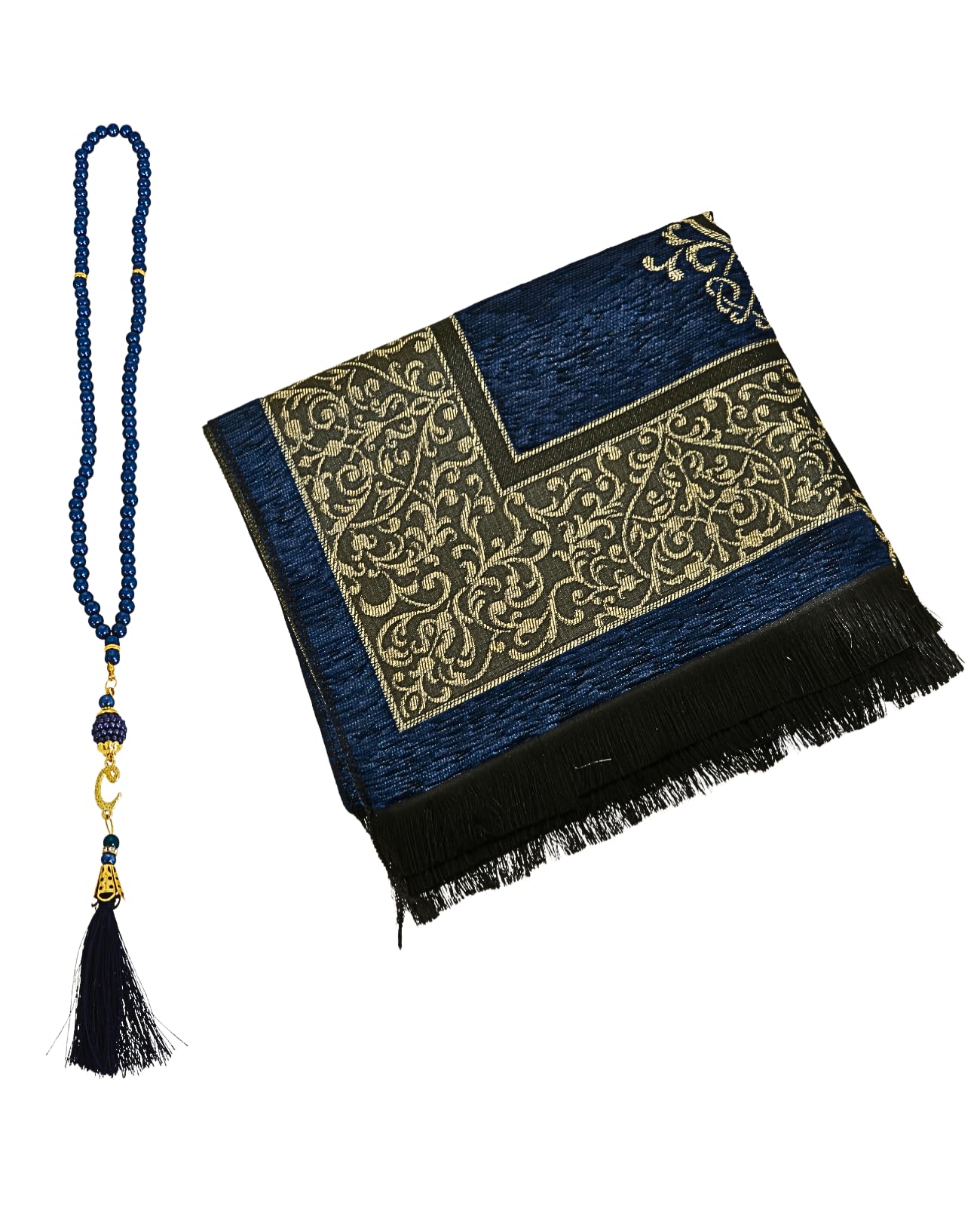 Prien Prayer Rug with Tasbih | Muslim Carpet | Praying Mat with Prayer Beads | Islamic Gifts for Women Men | Islam Portable Pray Set for Travel Kids Ramadan Namaz Hajj Umrah (Navy Blue)
