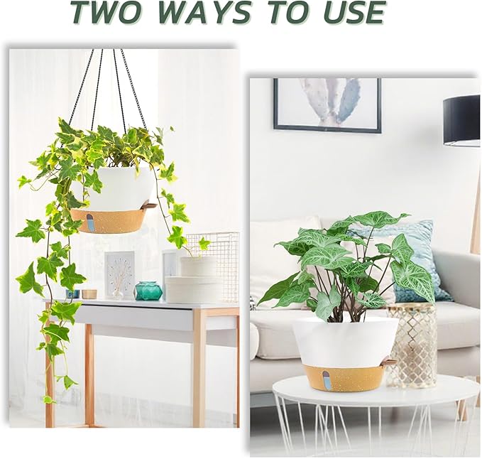 ZMTECH 12 Inch Hanging Planters for Indoor Plants, 3 Pack Self Watering Hanging Planter with Visual Reservoir, Hanging Pots for Plants Outdoor with Drainage Hole and Plant Hanger(3 Pack, White)