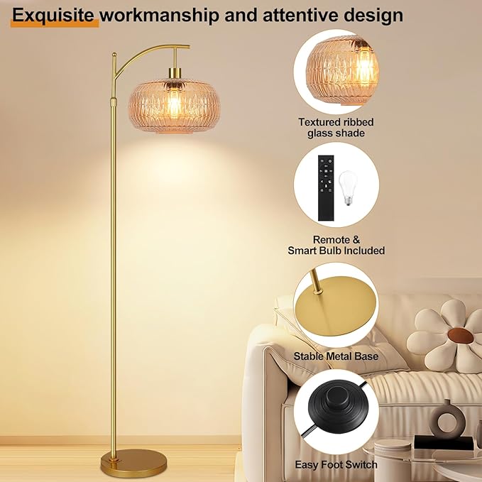 Glass Floor Lamp for Living Room,Bedroom,Gold Mid Century Modern Standing Lamp with Remote,Dimmable Brass Tall Lamp Amber Lamp Vintage Retro Arc Floor Lamps Floor Light Boho Bohemian