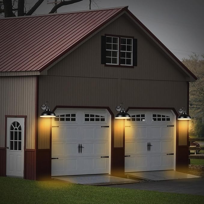 Dusk to Dawn Outdoor Gooseneck Barn Lights, Outdoor Wall Sconces Farmhouse Exterior Wall Mount Light, Vintage Outside Lighting Fixtures, Industrial Black Lanterns for Porch Garage Patio, 2 Pack