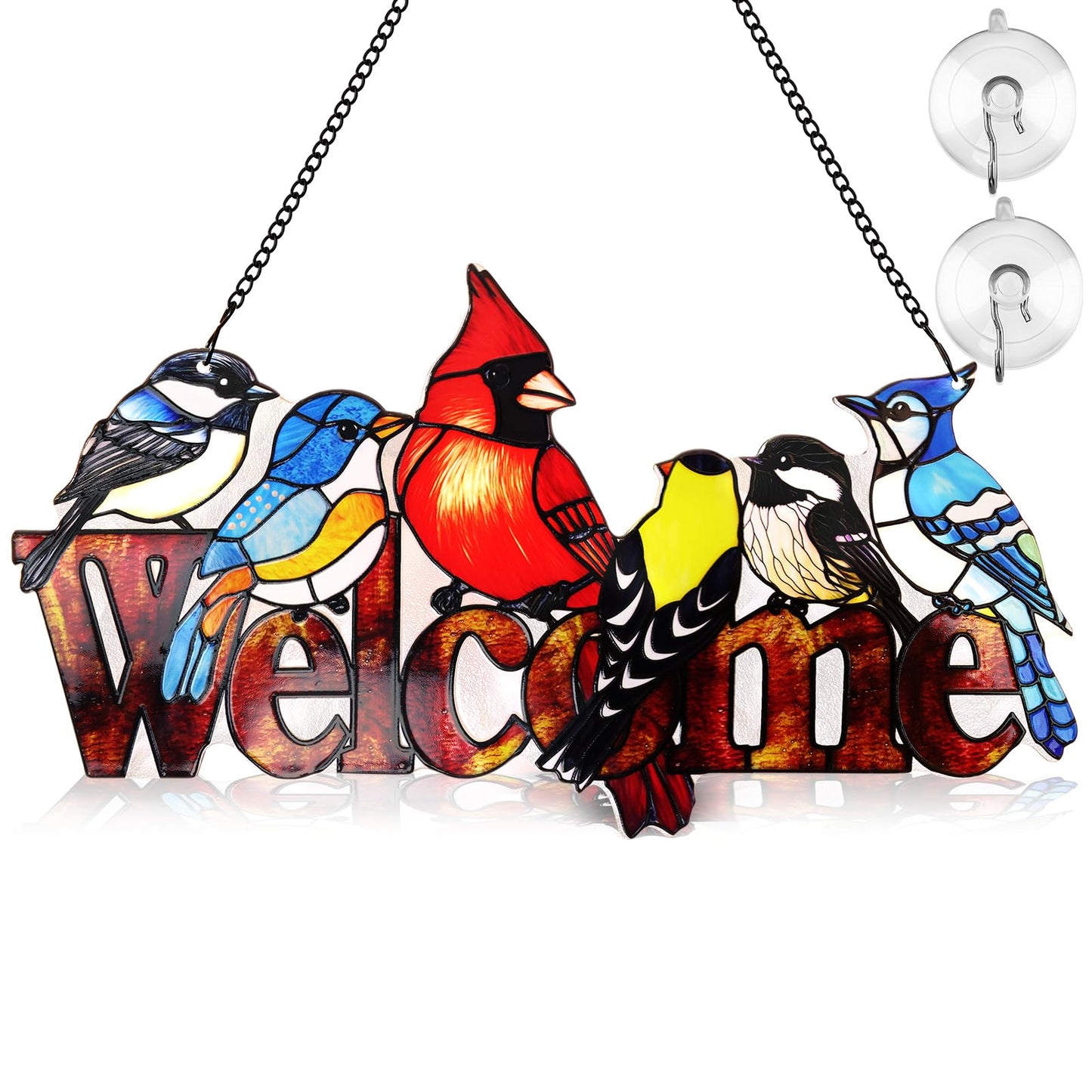 Remiawy Cardinal Stained Glass Window Hanging, Six Birds on Welcome Sign with Metal Chain and Hooks Window Decor Ornament Gift for Bird Lover Grandma Mother's Day Christmas