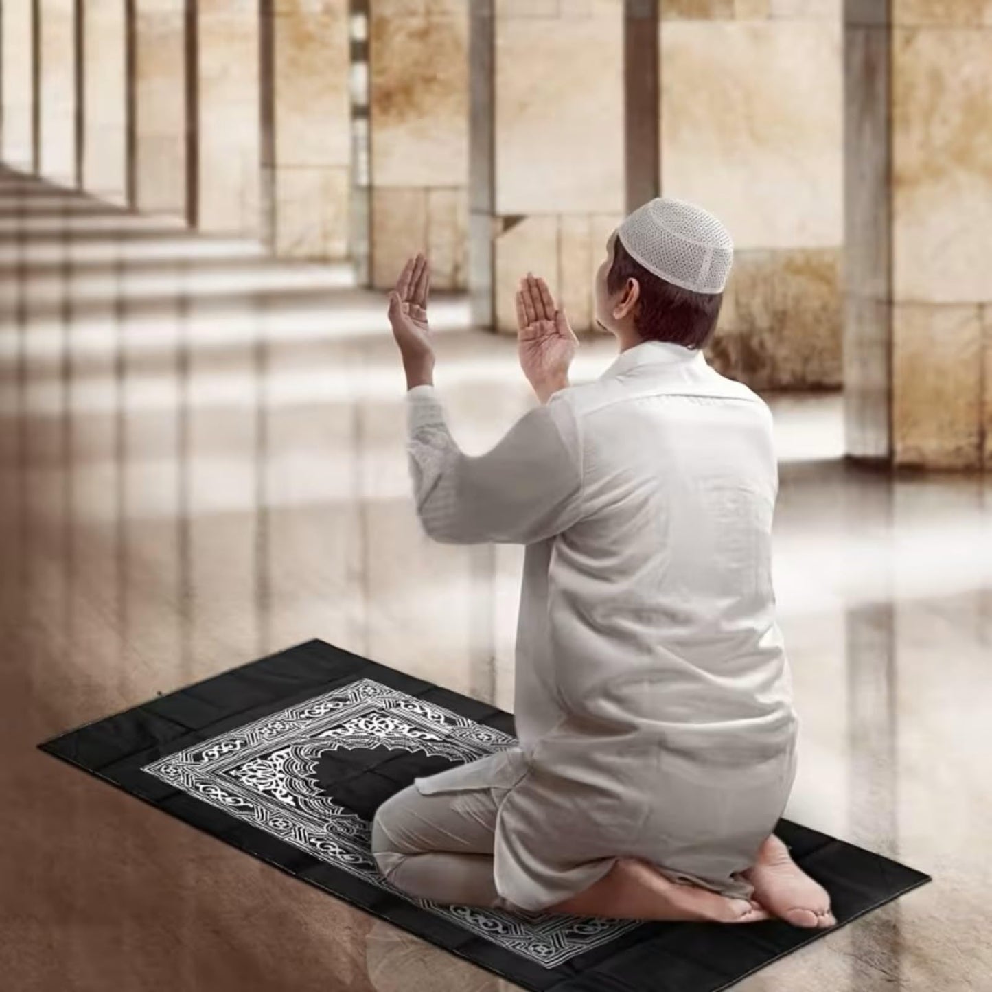 Portable Polyester Muslim Prayer Mat, Square Unnapped Woven Fabric with Directional Compass for Travel & Daily Prayer(D.Green)