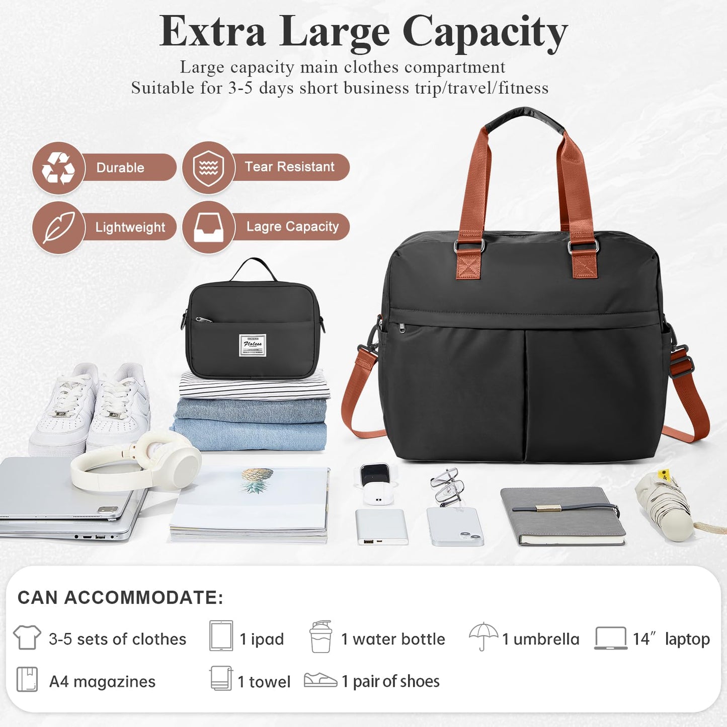Expandable Personal Item Travel Duffle Bag Weekender Bag for Women Men, Overnight Hospital Carry On Bag with Toiletry Bag for Airplanes Travel Business Trips Sport,Black & Brown