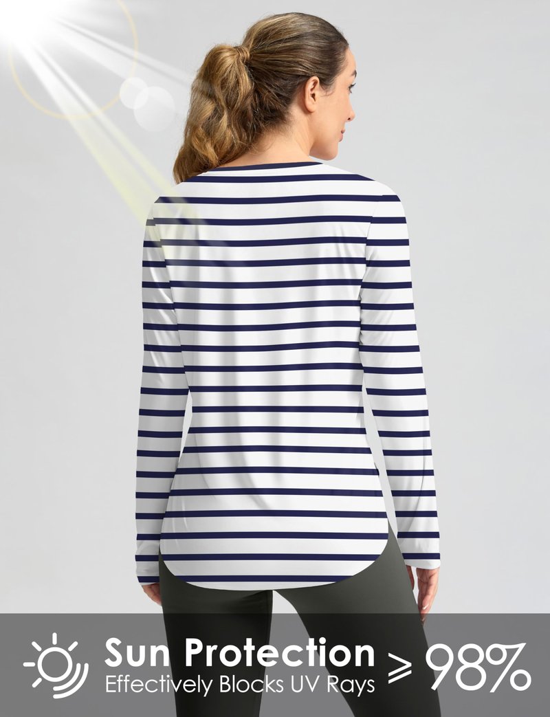 Women's Sun Shirts UPF 50+ Long Sleeve UV Protection Shirt Lightweight Quick Dry Workout Hiking Tops for Women(White/Deep Sea Stripe,XXXL)