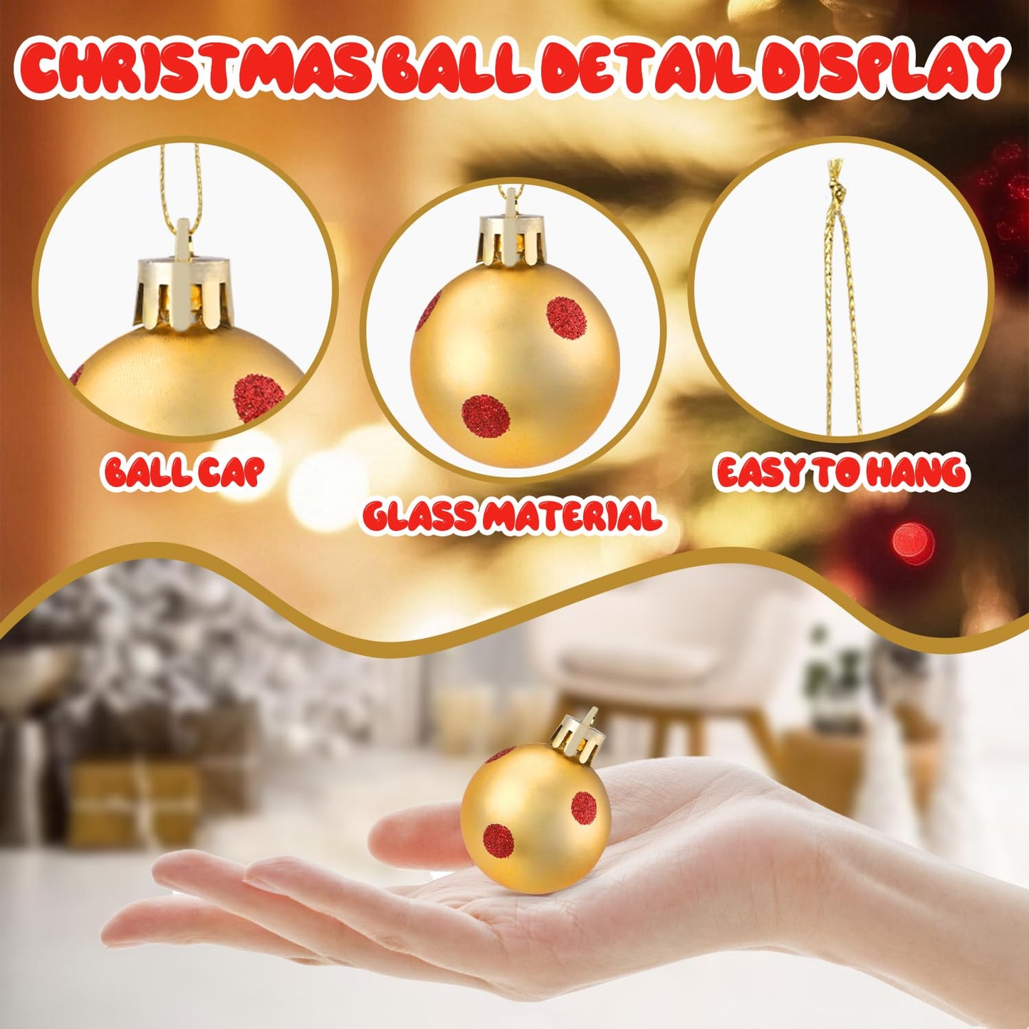 Celltestria 36pcs Mini Christmas Balls Ornament 1.57 Inch Red Gold Little Hanging Xmas Balls for Tree Decoration Swirl Candy Cane Polka Dots Tiny Christmas Baubles for Home Indoor Holiday Party Decor