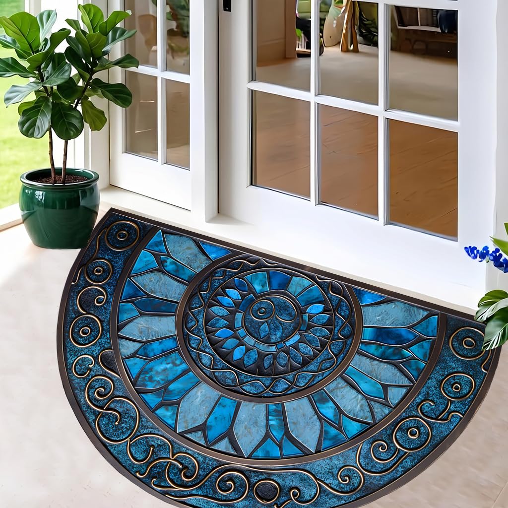 Half Round Door Mat 35.4 x 23.6 Inch, Non Slip Washable Semicircle Entryway Rug, Blue Mosaic Floor Mat for Front Door Kitchen Bathroom Patio(Blue, 35.4 x 23.6inch)