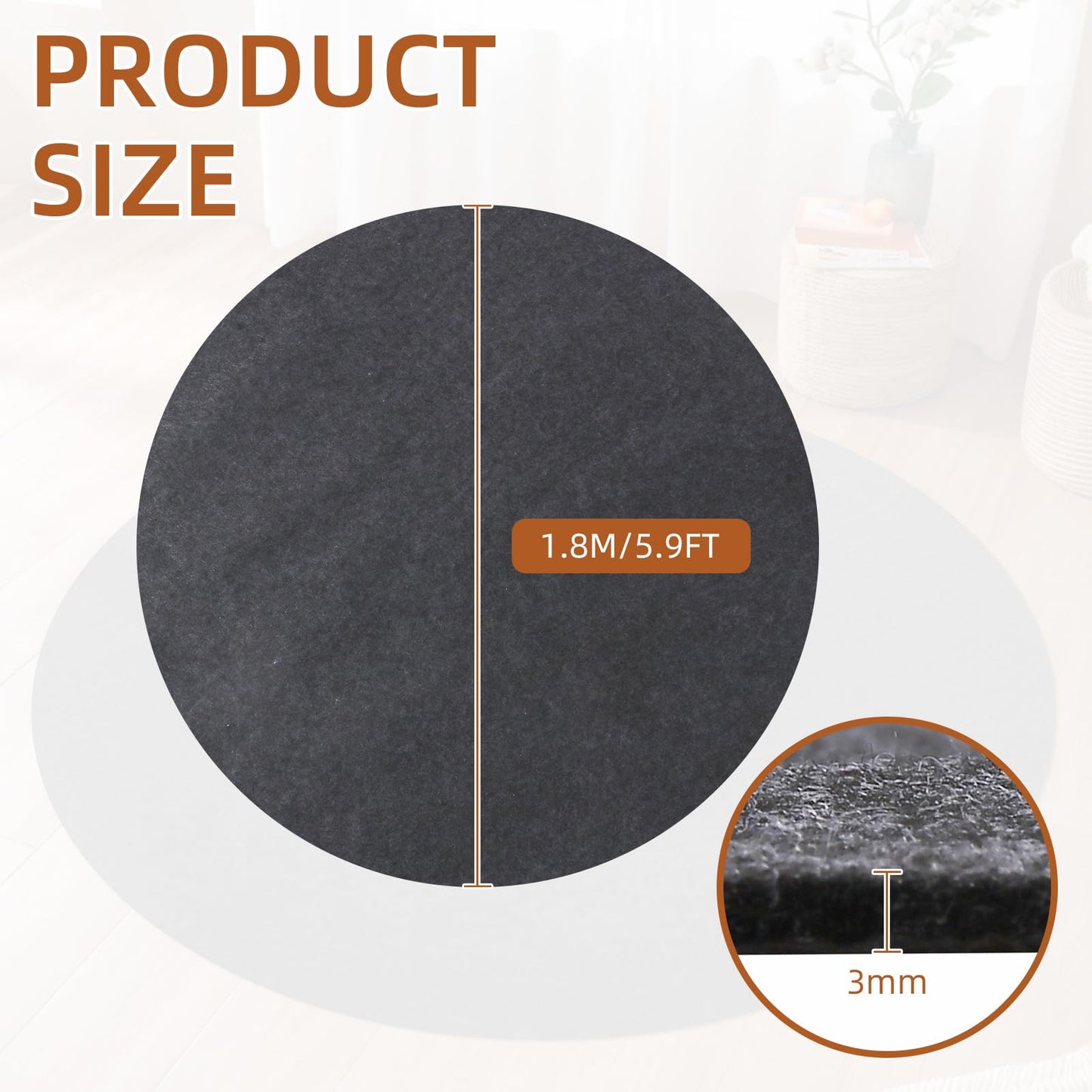 Waterproof Non-Slip Rug Pad, Round 6 Ft Carpet Pads for Large Area Rugs 1/8" Thick Felt Floor Protection Pad for All Floors and Finishes, Keep Rugs in Place and Provide Cushioning (6FT)