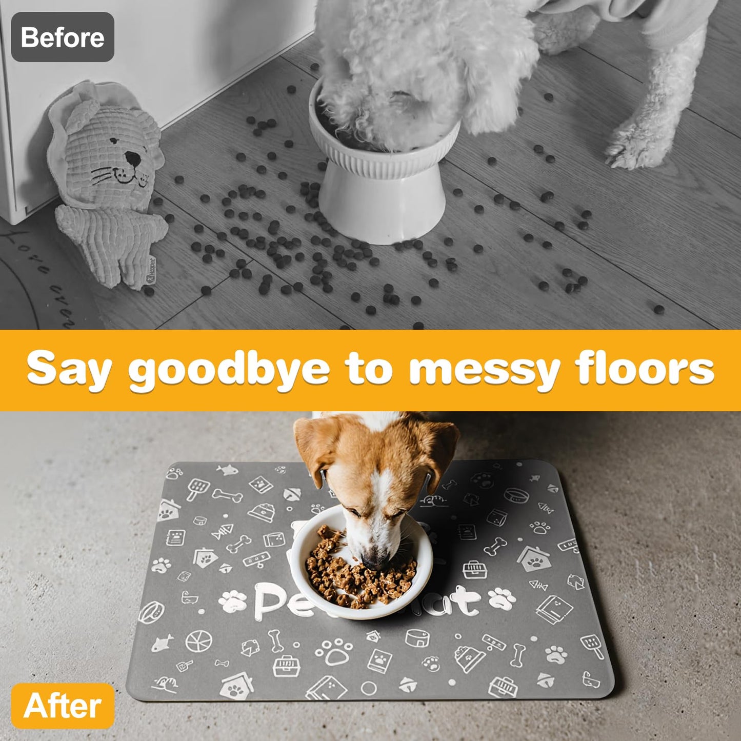 Pet Feeding Mat,Dog Cat Mat for Food and Water,Dog Bowl Waterproof Placemat with Rubber Backing,Absorbent Quick Dry Water Dispenser Mat for Pet（Dark Gray 12"×18"）
