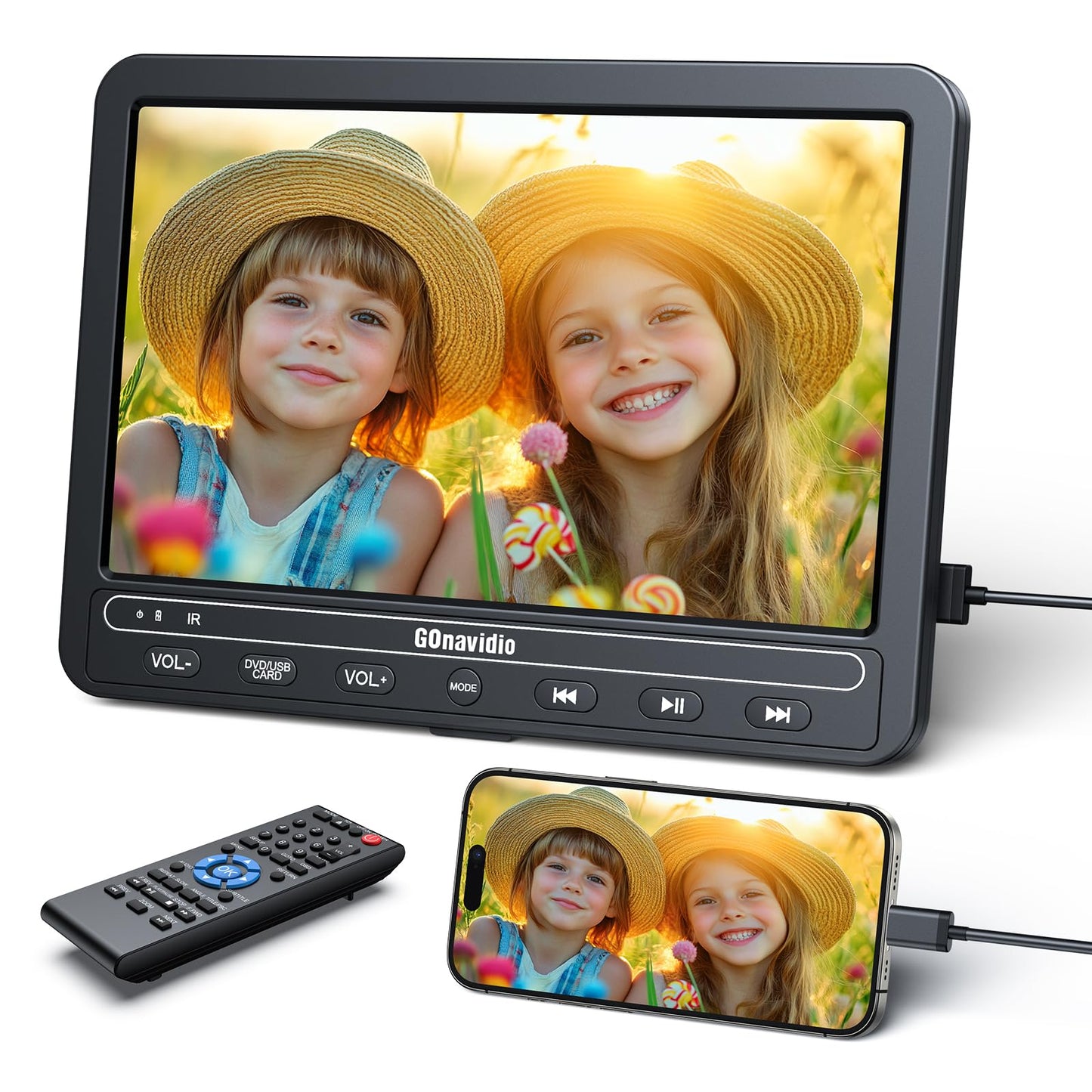 10.5 Inch DVD Player for Car with 5-Hour Battery, Headphones, Headrest DVD Player Support HDMI Input, Sync Phone/TV, 1080P Videos, USB SD, Last Memory, Region Free
