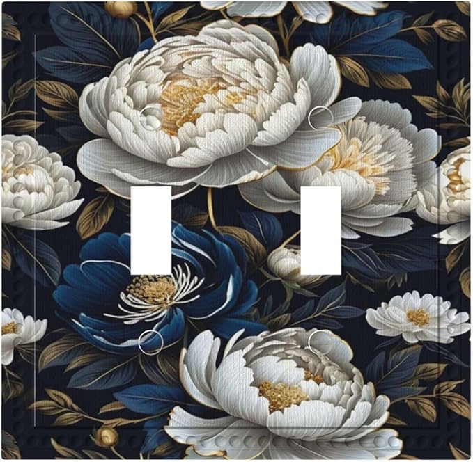 White Gold Blue Flower Light Switch Covers Double Toggle 2 Gang Wall Plate Dual Decorative Switchplate Electrical Faceplate for Farmhouse Living Room Decor