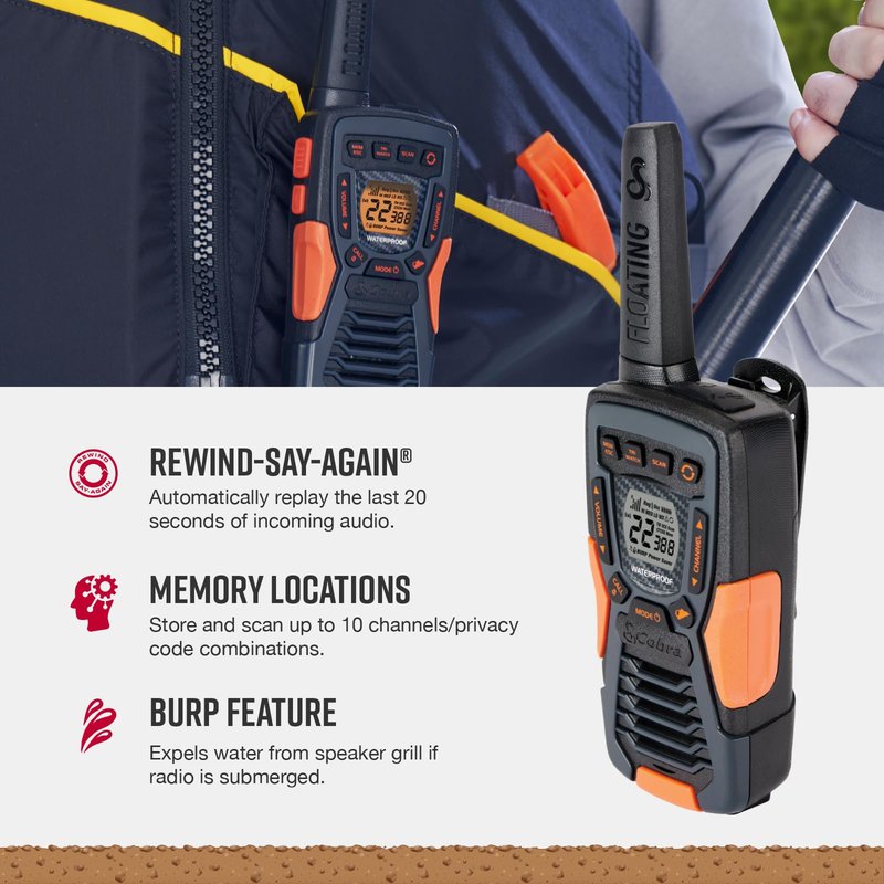 Cobra ACXT1037R FLT Floating Walkie Talkie - Waterproof, Rechargeable, Long Range up to 37-Mile Two Way Radio with NOAA Weather Alert & VOX, (1 Pack)