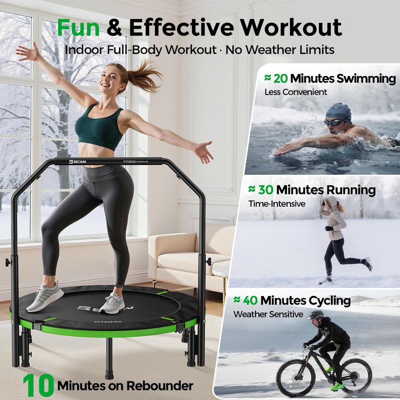 BCAN 40" Foldable Mini Trampoline, Rebounder Trampoline for Adults, Adjustable Foam Handle, Exercise Rebounder for Adults Indoor/Garden Workout, Max Load 330lbs, Green