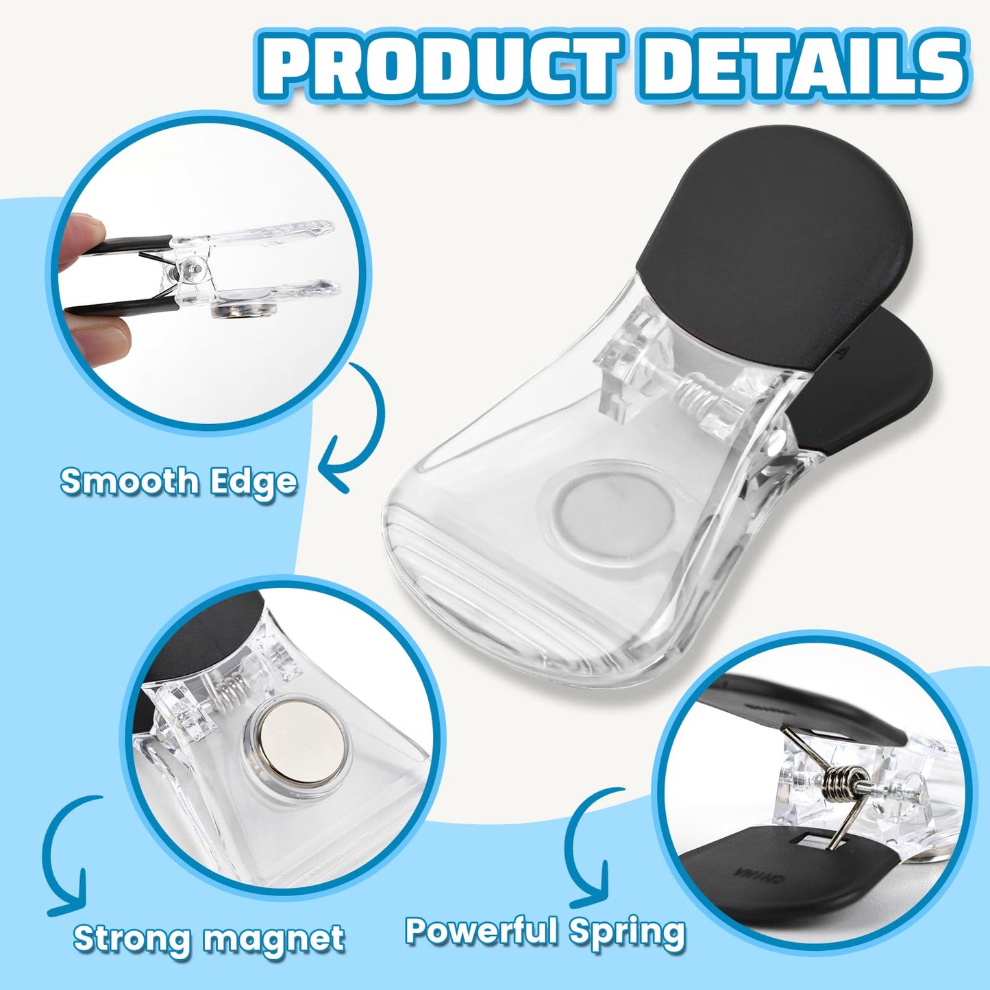 Plastic Refrigerator Magnet Clips Sets， Magnet Paper Clips, Snacks Bag Clips， Multipurpose Clamps- Set of 10 (Clear)