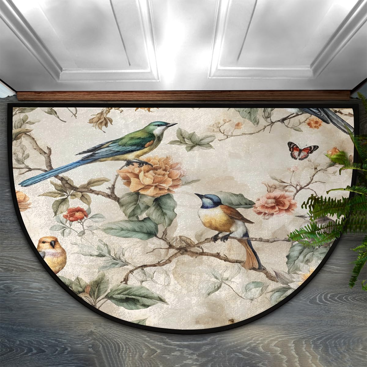 Myfsucce Retro Bird Flower Half Round Rug Door Mat Non Slip Entryway Rug 24" x 36", Welcome Mat for Indoor Front Door Semi Circle Floor Mats for Home Kitchen