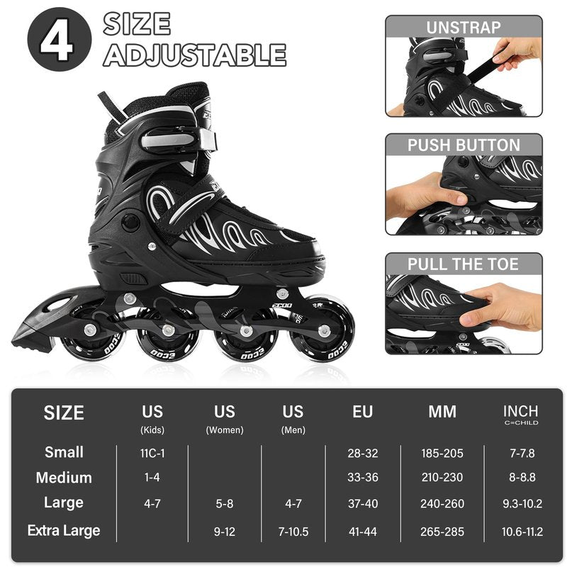 ECOO Inline Skates for Girls and Boys Ages 5-8 8-12 Light up Wheels, Adjustable Size Roller Skates Blades Kids Adult Women Outdoor