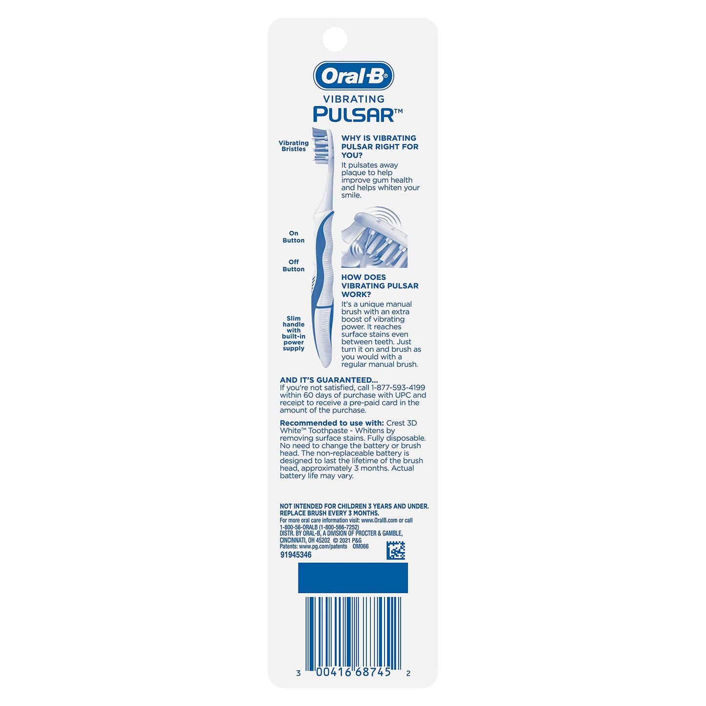 Oral-B 3D White Pulsar, Battery Electric Toothbrush, 1 Count Medium Toothbrush Pack, removes Stains, whitens Teeth, Travel Essentials Tooth Brush