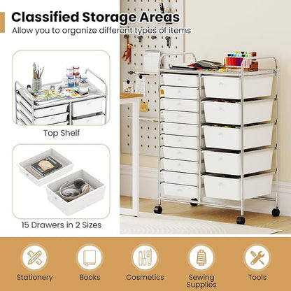 Giantex 15 Drawer Rolling Cart with Drawers, Storage Organizer Cart for Classroom Office School Teacher, Mobile Drawer Cart for Tools, Crafts, Small Printer, Ivory