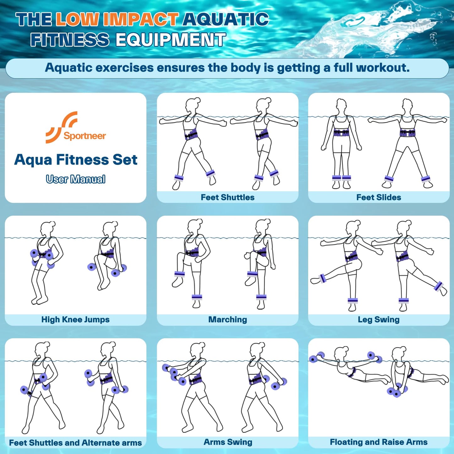 Sportneer Aqua Belt Water Aerobics Equipment: Swimming Belt Pool Exercise Equipment for Adults Aqua Float Belts with Adjustable Foam Blocks for Aquatic Fitness Training Low-Impact Workout Purple