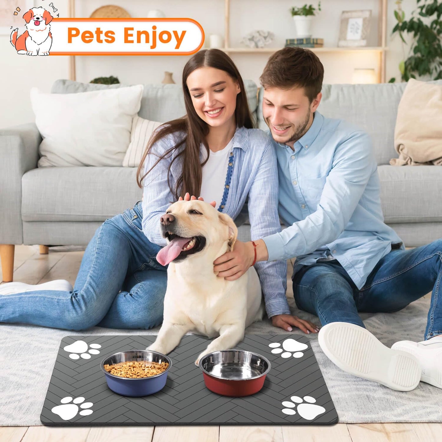 Pet Feeding Mat-Absorbent Pet Placemat for Food and Water Bowl, with Waterproof Rubber Backing, Quick Dry Water Dispenser Mat for Dog and Cat (20"x12", Beige)