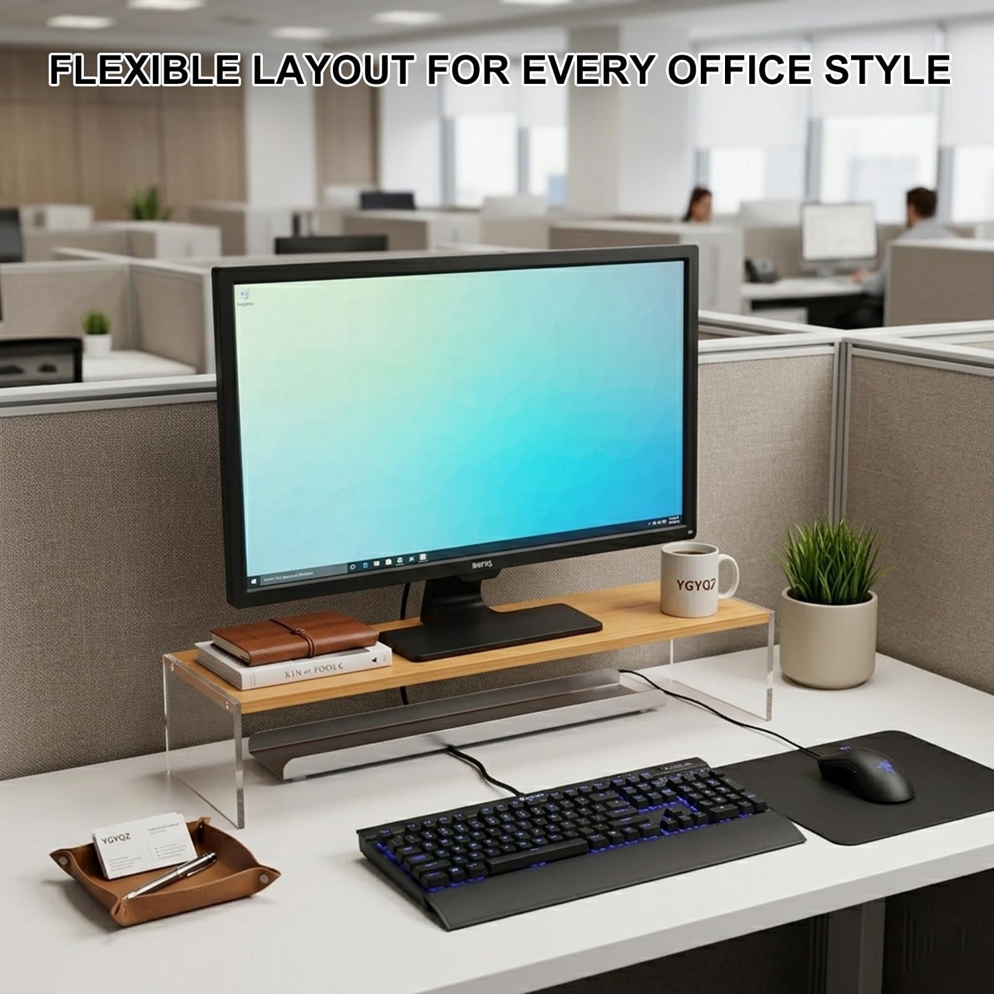 YGYQZ Adjustable Monitor Stand Riser with Acrylic Legs丨7.67" Wide Dual Monitor Stand for Desk丨2-Tier Wood Desktop Organizer for Computer, Laptop, Printer & PC丨Modern Aesthetic Desk Shelf(wood-flat)