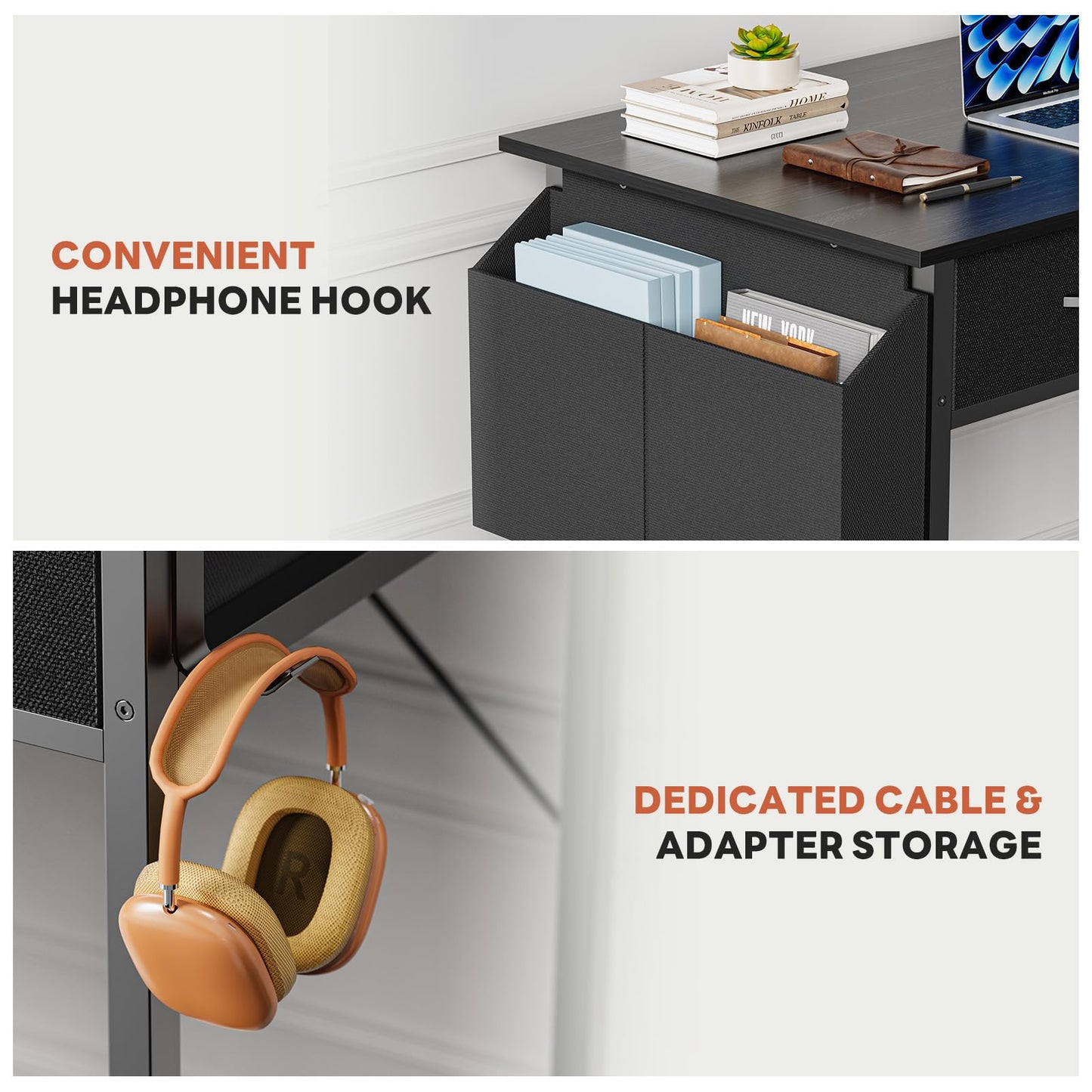 DUMOS 32" Home Office Computer Desk with Drawers, Small Gaming Writing Study Table with Storage Side Bag, Headphone Hook and Adjustable Feet for Bedroom Black