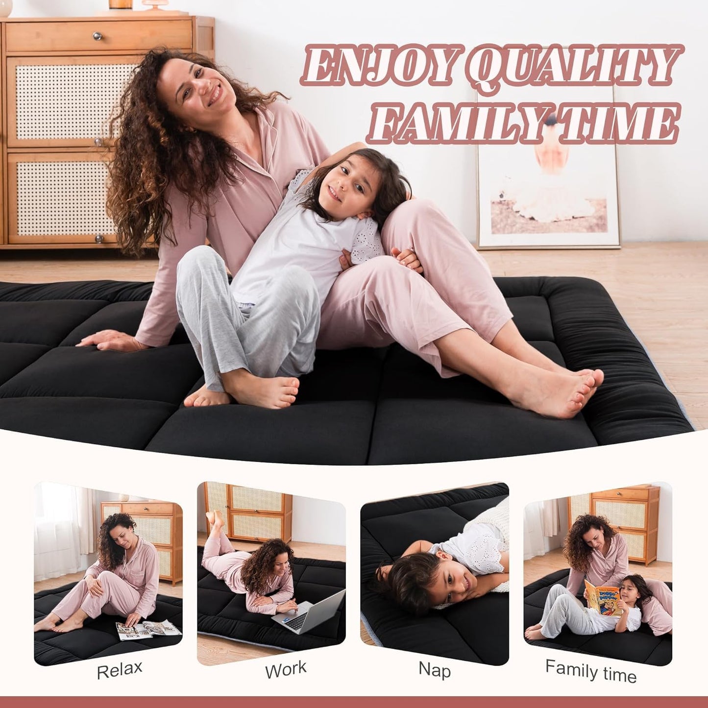 WhatsBedding Japanese Floor Mattress Futon Mattress 3" Black Tatami Mat Shredded Memory Foam Filled Sleeping Pad, Foldable & Portable Roll Up Lounger Camping Bed for Kids and Adult,Queen Size 60"x 80"