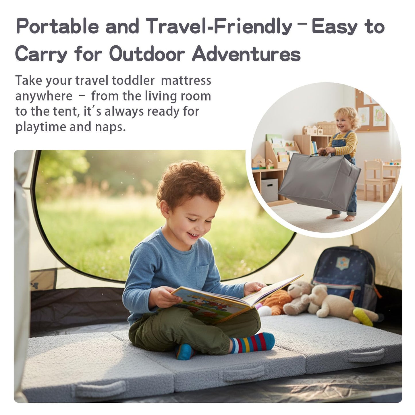 Tiita Foldable Floor Mattress for Kids -Daycare Sleeping Plush Futon or Floor Mat with Storage Bag, Toddler Floor Nap Mat, Portable Toddler Travel Mattress for Camping & Guest Use, Playroom, Grey
