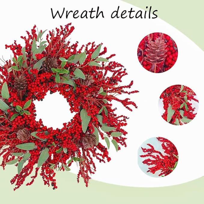 20 inch red Berry Christmas Wreath for Front Door，Used for Wall, Window, Porch, Farmhouse, Indoor and Outdoor Home Decoration