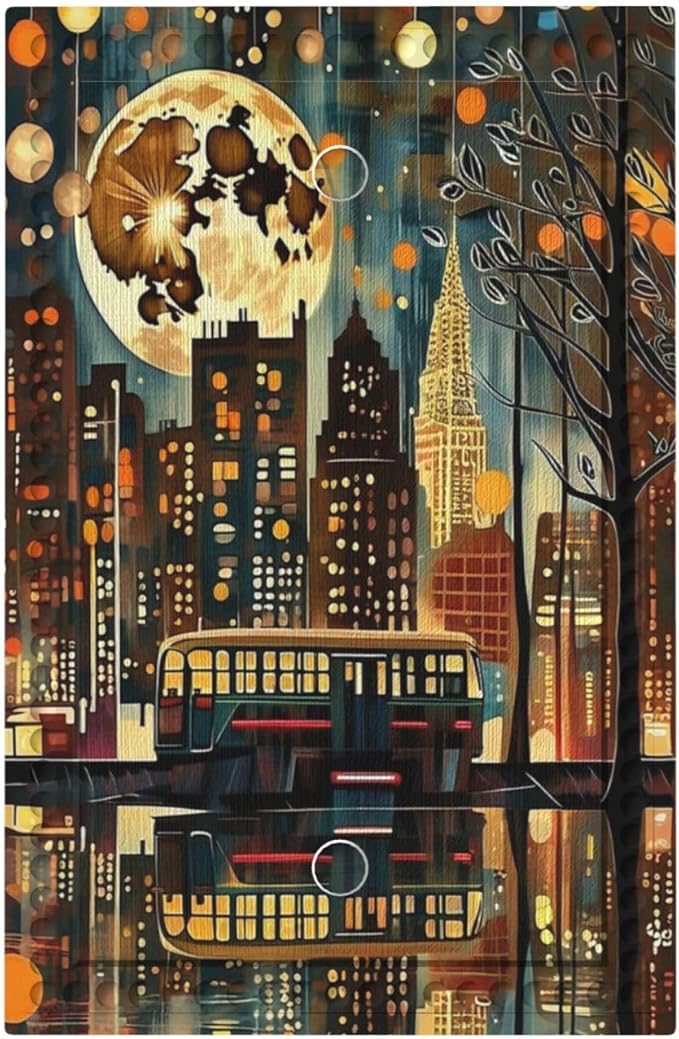 City Light Moon Bus Abstract Art Light Switch Covers No Device Wall Plate 1 Gang Decorative Blank Switchplate Electrical Faceplate for Country Living Bedroom Decor