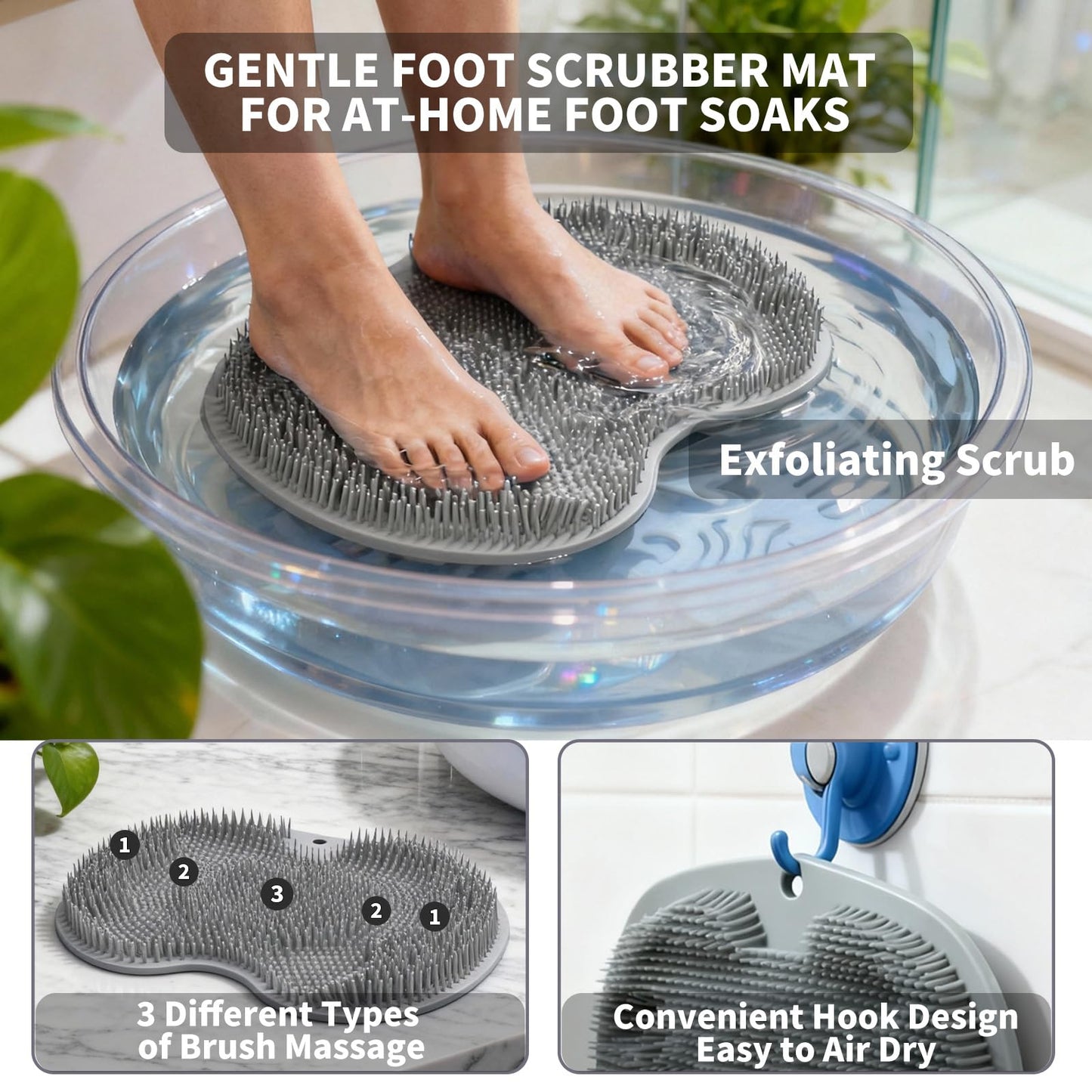 Merleu Shower Foot Scrubber Mat with 3 Types of Upgraded Brushes for Massage, Shower Back Scrubber with Micro Suction Cups,Back Washer,Shower Scrubber for Body at Home Spa (Gray)
