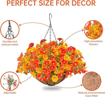 Florielle Artificial Hanging Faux Flowers Basket, Fake Silk Petunias Plants Arrangement,for Summer Fall Outdoor Decoration,UV Resistant, Morning Glorias,for Home Garden Decor (Orange&Yellow)