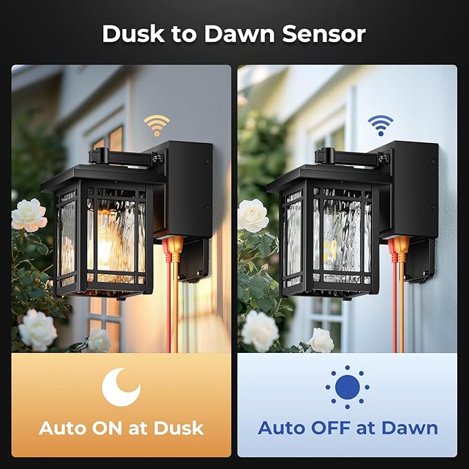 Porch Light with GFCI Outlet, Black Dusk to Dawn Outdoor Wall Light, Exterior Sconce Light Wall Mount, Waterproof Outdoor Garage Lighting Fixtures, Modern Outside Wall Lantern for House, Coach