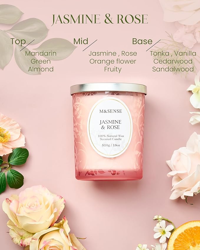 M&SENSE Jasmine Rose Candle, Cracking Wooden Wick Soy Wax, 18oz 100 Hours Long Lasting Clean Burn, Large Jar Candles for Home Scented, Non-Toxic Relaxing Aromatherapy Gifts for Women