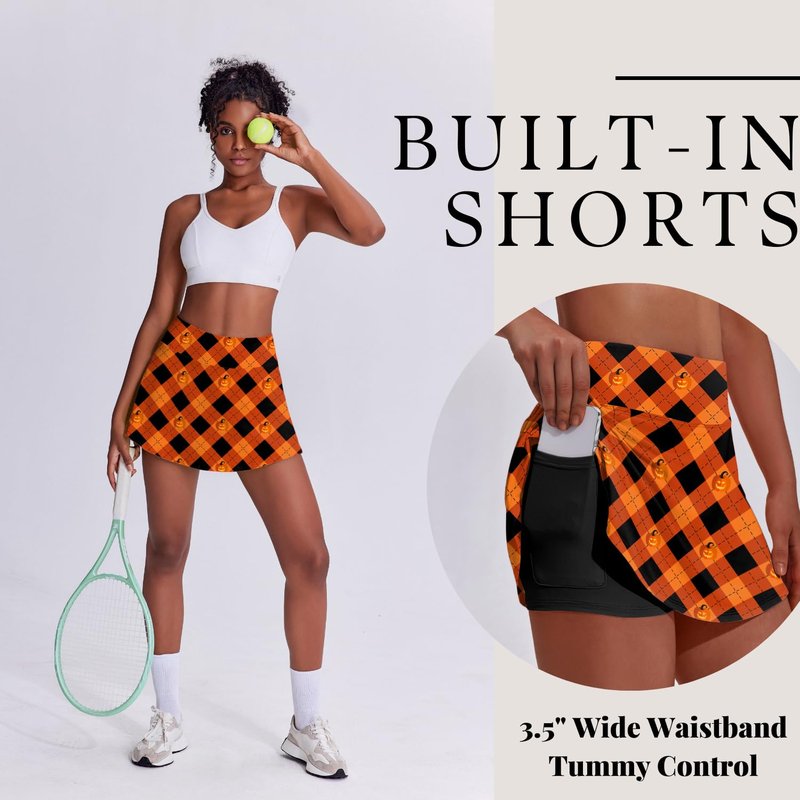 PINSPARK Skorts High Waisted Tennis Skirts with Shorts Women Pleated Mini Skirts American Flags Skirts,Orange Print Large
