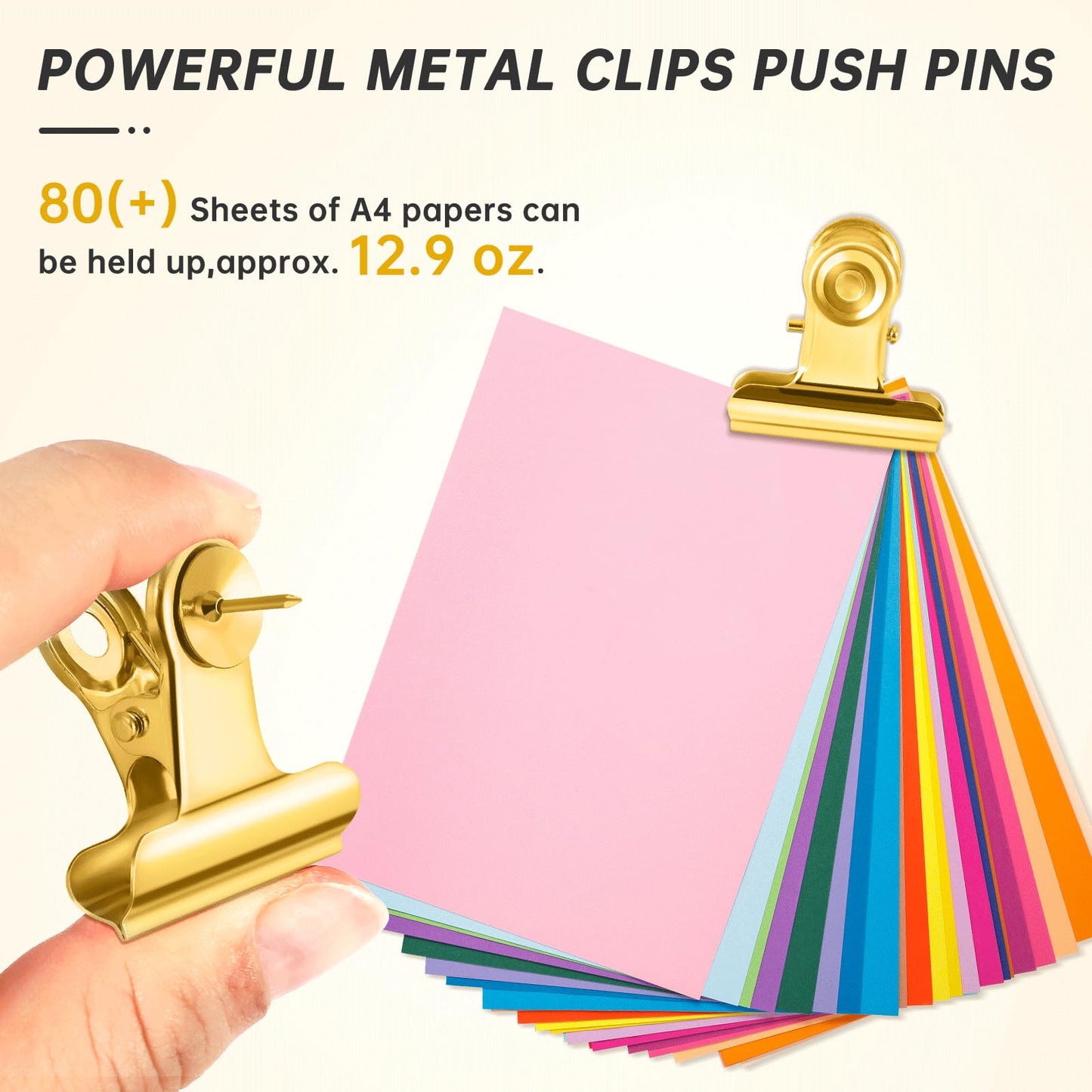 GOOLADA 36Pcs Push Pins Clips, Metal Thumb Tacks, Gold Thumbtacks with Clips, Gold Push Pins for Bulletin Board, Wall,Cork Board, No Holes